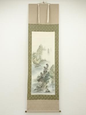 南海筆　南画山水図　肉筆絹本掛軸（共箱）